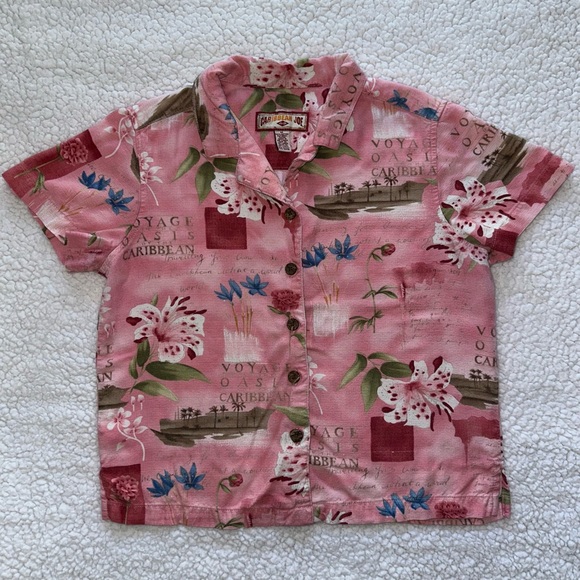 Pink Hawaiian floral tropical short sleeve button up shirt top summer beach M - Picture 2 of 11